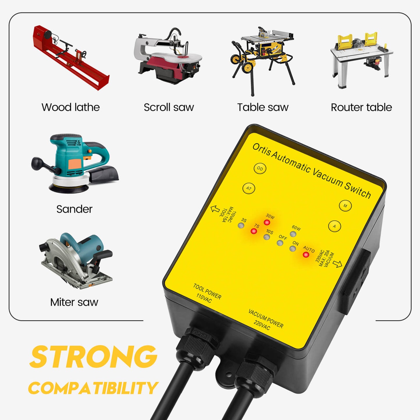 220V Automatic Vacuum Switch, Ortis Dust Collector Switch for 110V Tools and 220V Vacuum, Delay Vacuum On/Off & Adjustable Actuation Threshold Design
