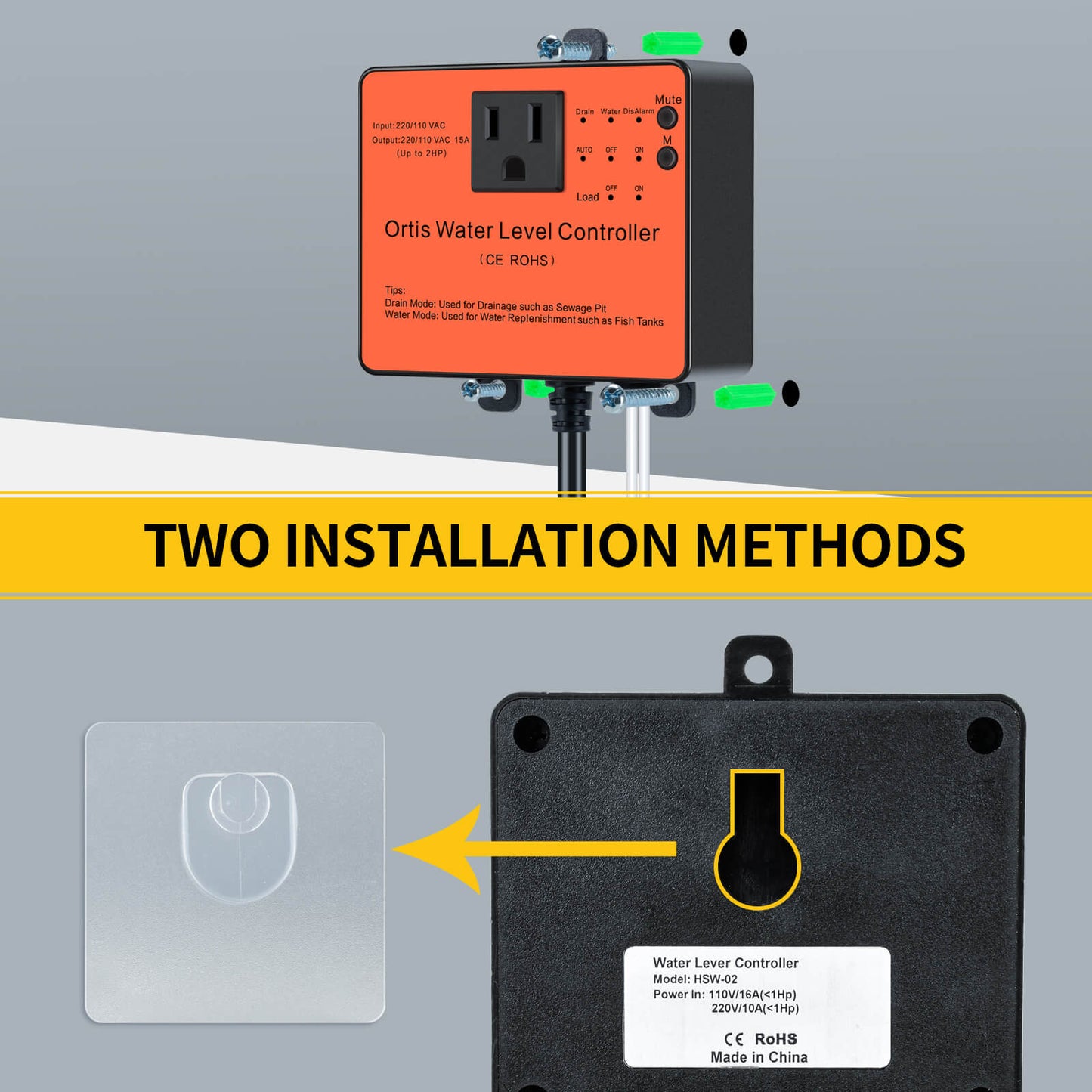 Hi-Lo Sump Pump Switch, Ortis Electronic Adjustable Float Switch Controller with Stainless Steel Anti-Corrosion Dual Sensors