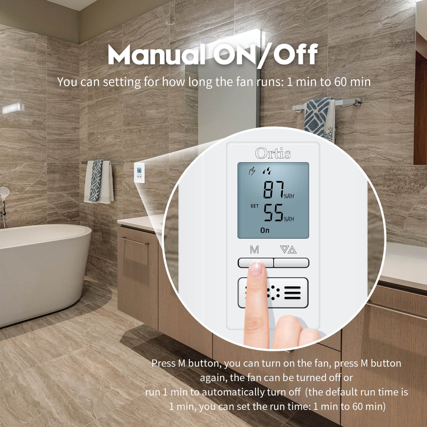 Humidity Sensor Switch, Ortis in-Wall Bathroom Fan Automated Control Switch, Air Moisture Detection, Neutral Wire Required, White, 120V/220V
