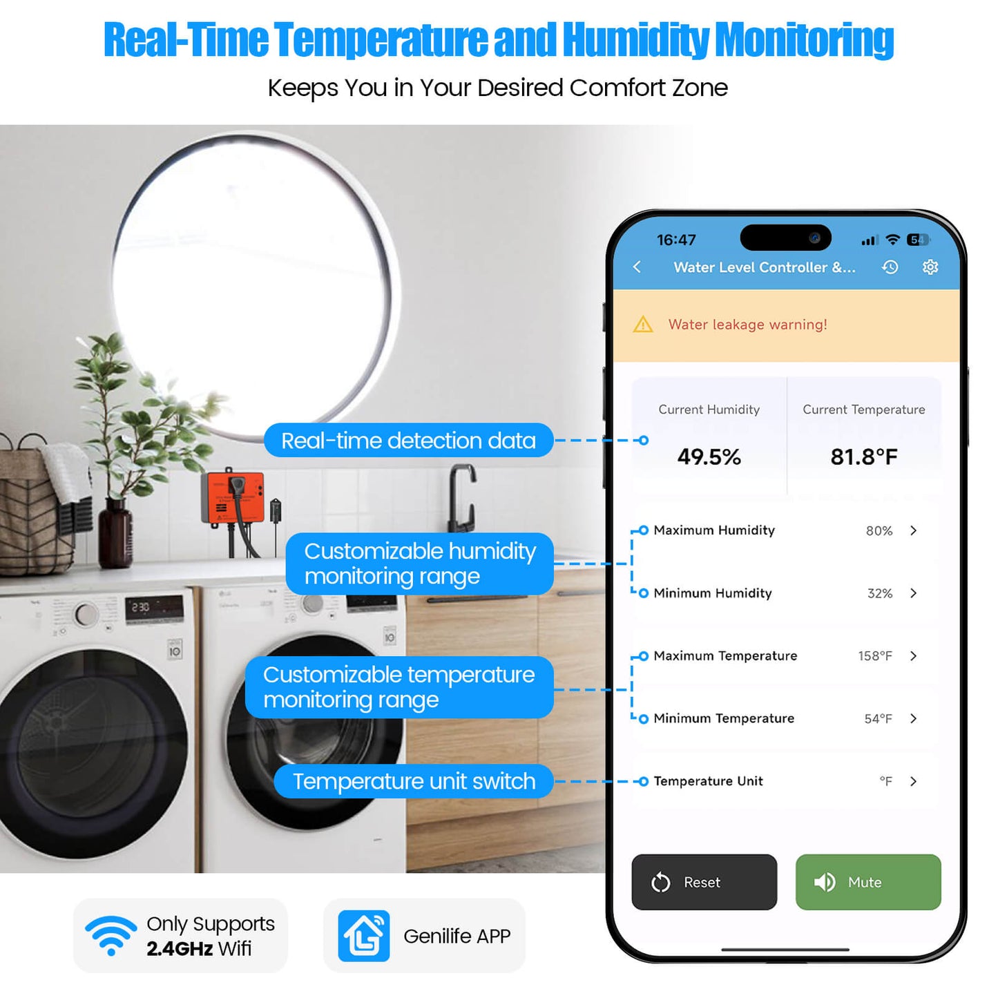 Ortis WiFi Power Failure Alarm with Water Level Detection, Real-time Monitoring of Temperature, Humidity, Water, and Power Outage, Features 110dB Alarm, Flashing Light, and APP Alerts