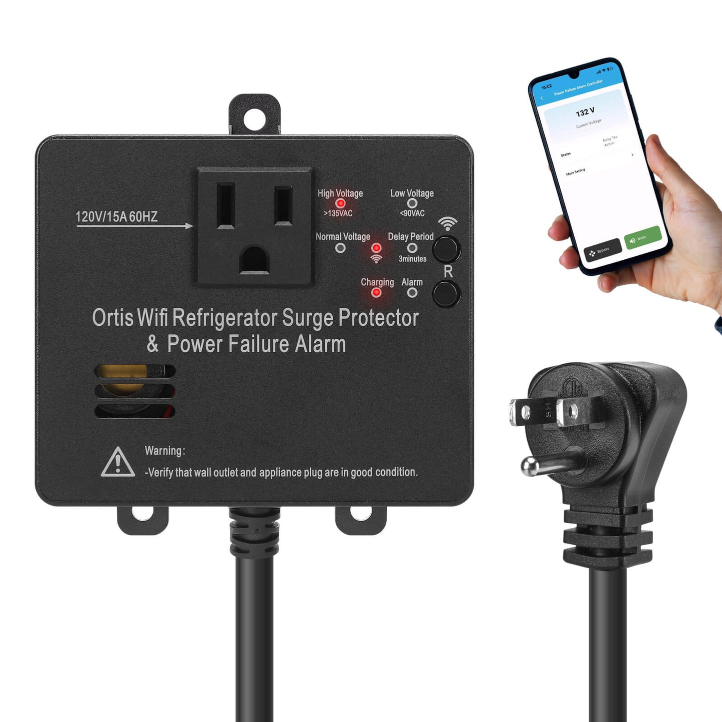 Wi-Fi Smart Power Failure Alarm with Surge Protector, Remotely Monitor and Control Your Refrigerator Via App, Ensuring The Safety of Refrigerator and Food Stored Inside