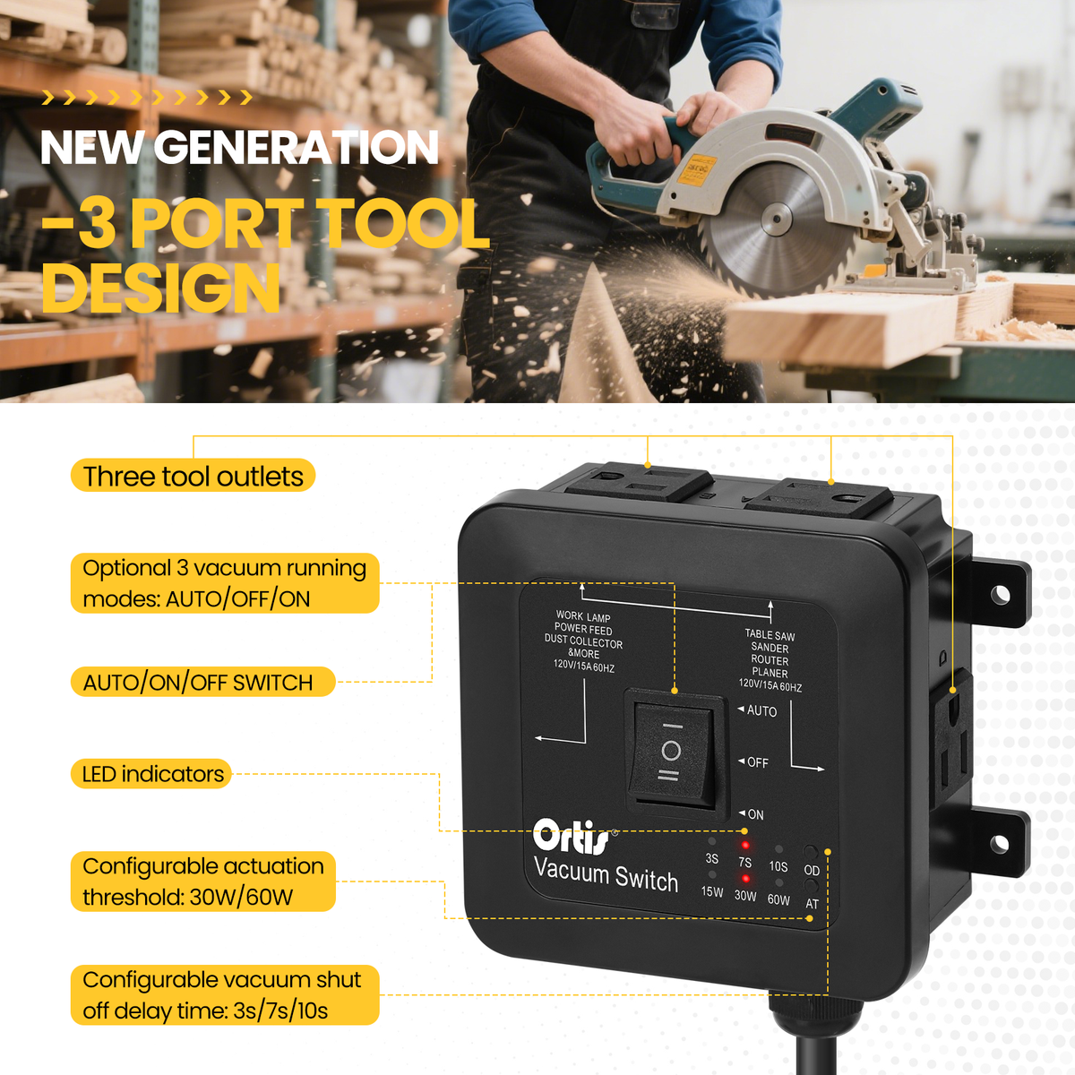 2026 New! Automatic Vacuum Switch - Ortis Dust Control Autoswitch for 3 Power Tools, Auto/On/Off Modes, Delay Vacuum On/Off to Prevent Circuit Overload and Tripping, Adjustable Actuation Threshold Black