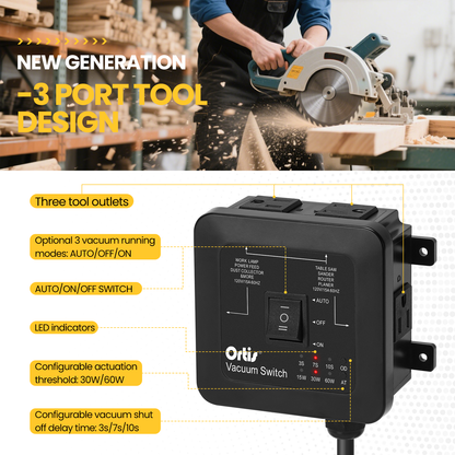 2026 New! Automatic Vacuum Switch - Ortis Dust Control Autoswitch for 3 Power Tools, Auto/On/Off Modes, Delay Vacuum On/Off to Prevent Circuit Overload and Tripping, Adjustable Actuation Threshold Black