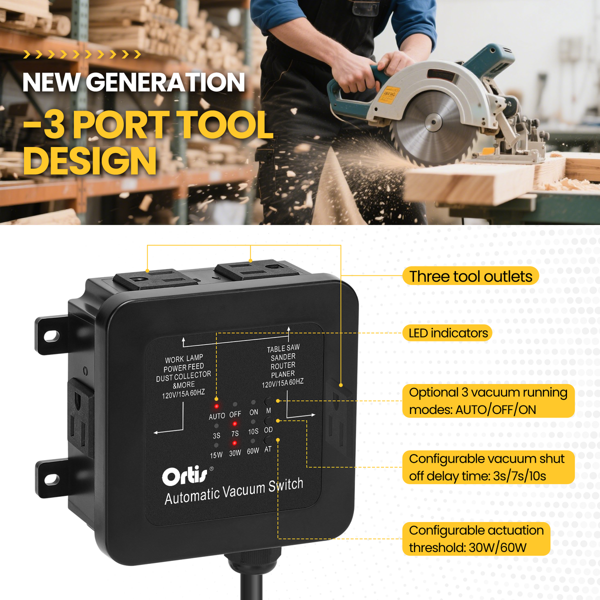 2026 New! Automatic Vacuum Switch - Ortis Dust Control Autoswitch for 3 Power Tools, Delay Vacuum On/Off to Prevent Circuit Overload and Tripping, Adjustable Actuation Threshold, Black