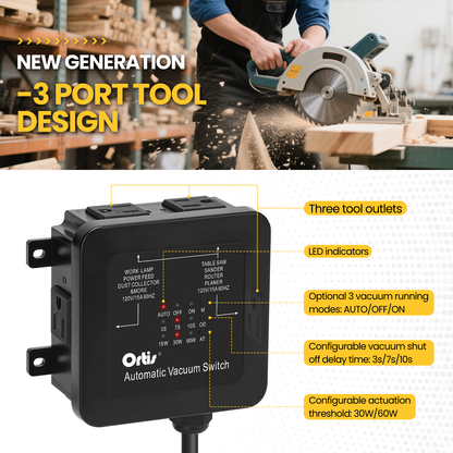 2026 New! Automatic Vacuum Switch - Ortis Dust Control Autoswitch for 3 Power Tools, Delay Vacuum On/Off to Prevent Circuit Overload and Tripping, Adjustable Actuation Threshold, Black