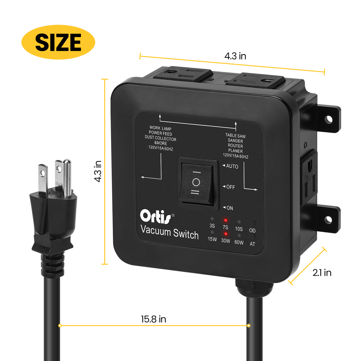 2026 New! Automatic Vacuum Switch - Ortis Dust Control Autoswitch for 3 Power Tools, Auto/On/Off Modes, Delay Vacuum On/Off to Prevent Circuit Overload and Tripping, Adjustable Actuation Threshold Black