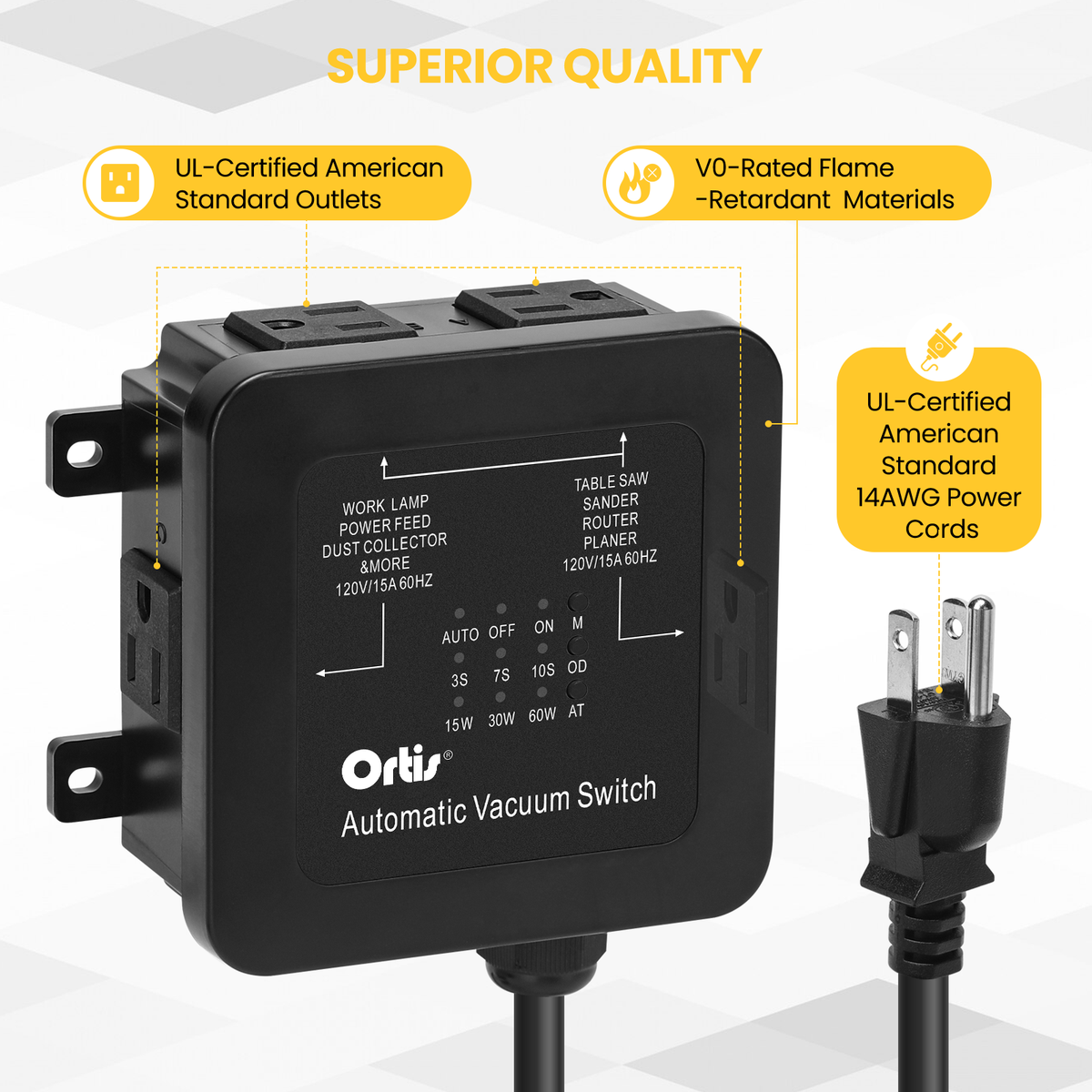 2026 New! Automatic Vacuum Switch - Ortis Dust Control Autoswitch for 3 Power Tools, Delay Vacuum On/Off to Prevent Circuit Overload and Tripping, Adjustable Actuation Threshold, Black