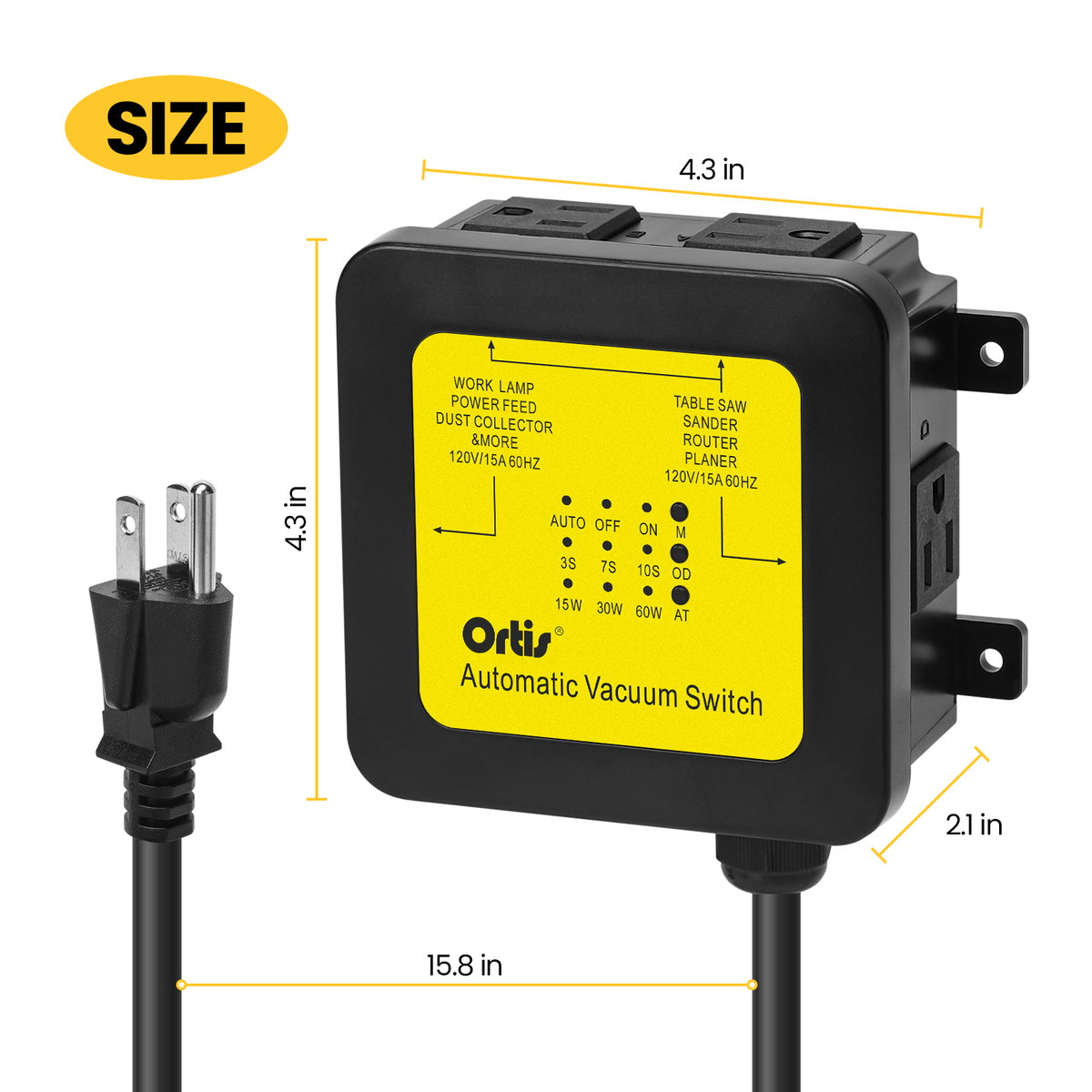 2026 New! Automatic Vacuum Switch - Ortis Dust Control Autoswitch for 3 Power Tools, Delay Vacuum On/Off to Prevent Circuit Overload and Tripping, Adjustable Actuation Threshold, Yellow