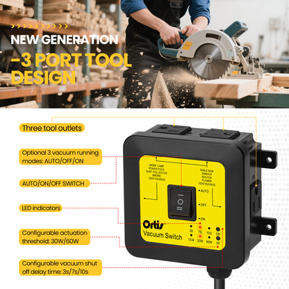 2026 New! Automatic Vacuum Switch - Ortis Dust Control Autoswitch for 3 Power Tools, Auto/On/Off Modes, Delay Vacuum On/Off to Prevent Circuit Overload and Tripping, Adjustable Actuation Threshold