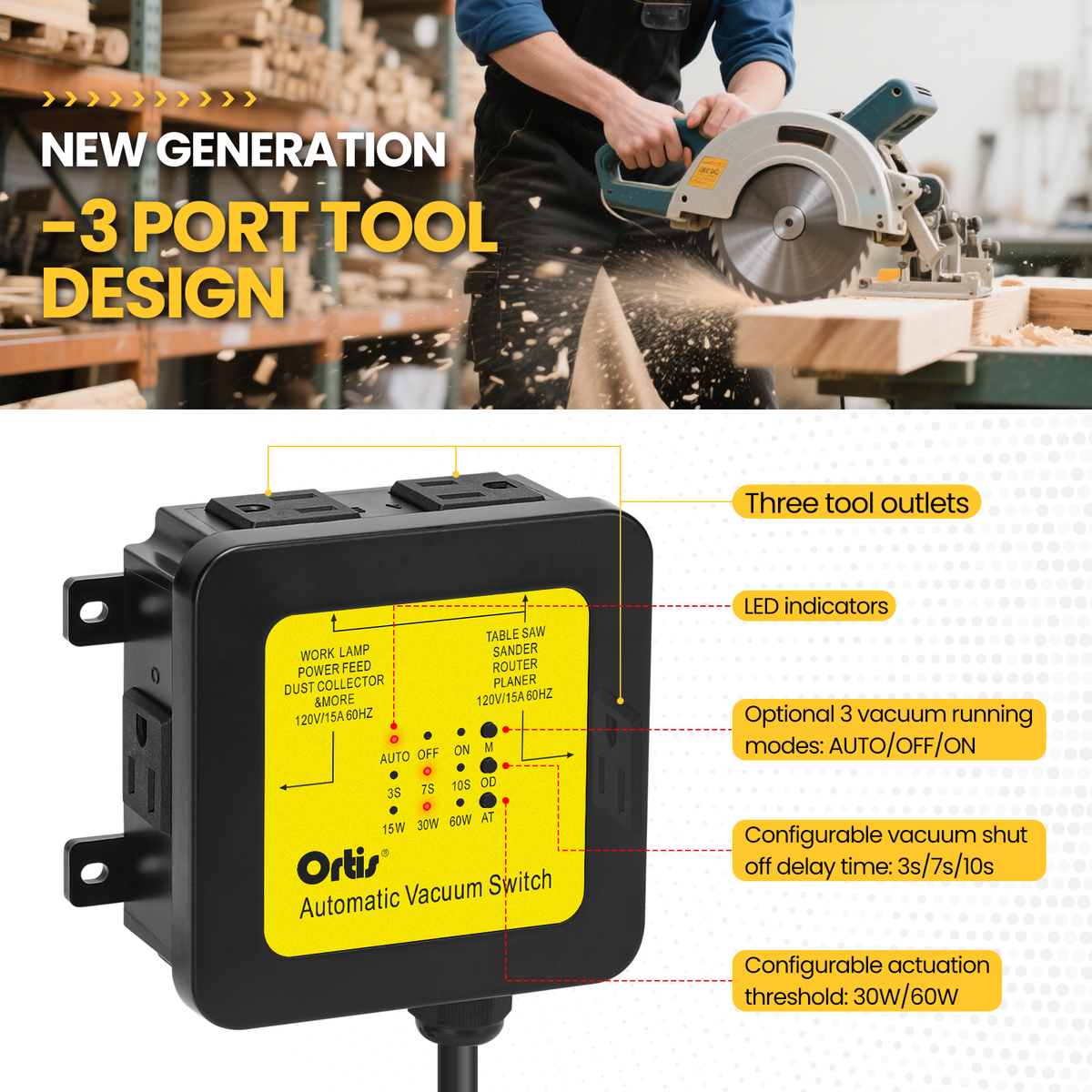 2026 New! Automatic Vacuum Switch - Ortis Dust Control Autoswitch for 3 Power Tools, Delay Vacuum On/Off to Prevent Circuit Overload and Tripping, Adjustable Actuation Threshold, Yellow
