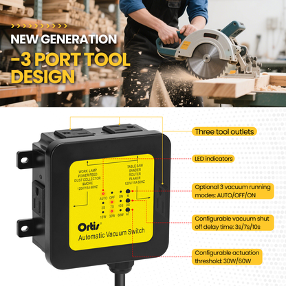 2026 New! Automatic Vacuum Switch - Ortis Dust Control Autoswitch for 3 Power Tools, Delay Vacuum On/Off to Prevent Circuit Overload and Tripping, Adjustable Actuation Threshold, Yellow