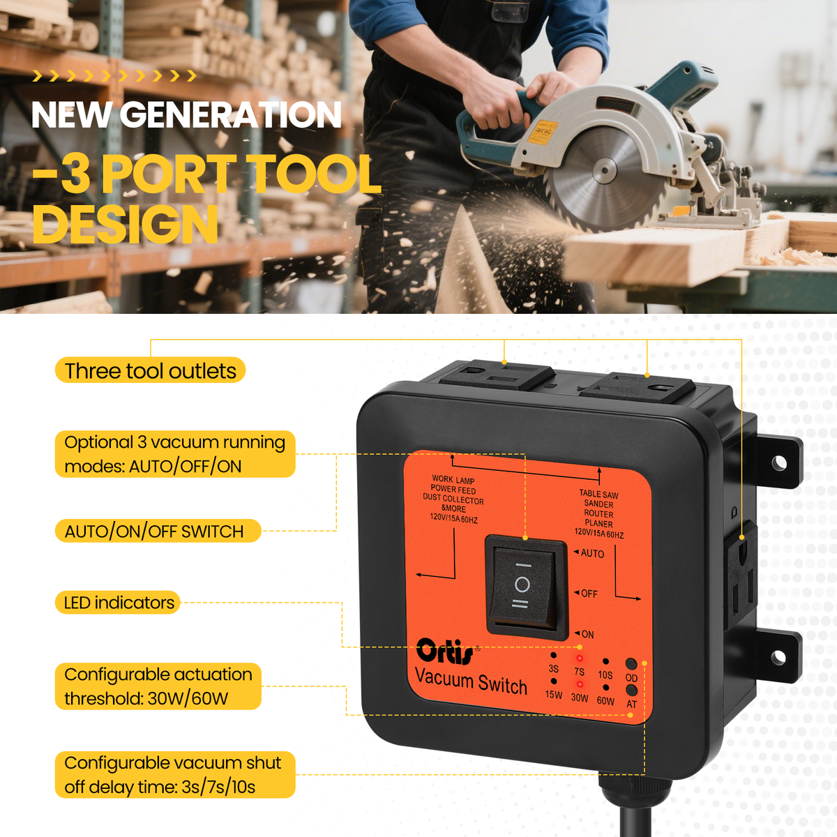 2026 New! Automatic Vacuum Switch - Ortis Dust Control Autoswitch for 3 Power Tools, Auto/On/Off Modes, Delay Vacuum On/Off to Prevent Circuit Overload and Tripping, Adjustable Actuation Threshold