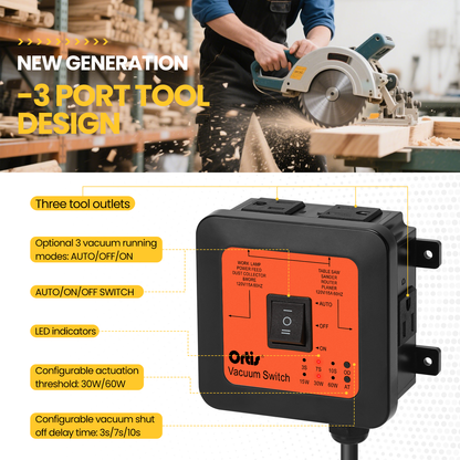 2026 New! Automatic Vacuum Switch - Ortis Dust Control Autoswitch for 3 Power Tools, Auto/On/Off Modes, Delay Vacuum On/Off to Prevent Circuit Overload and Tripping, Adjustable Actuation Threshold