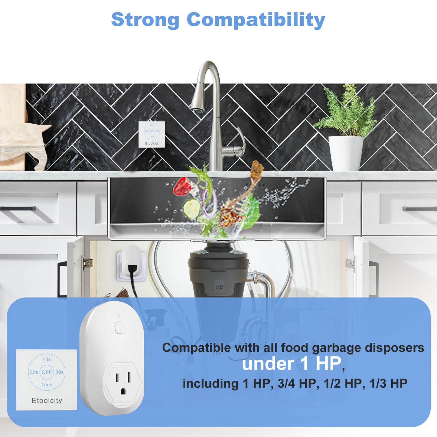 Garbage Disposal Wireless Switch Kit, Etoolcity Sink Top Waste Disposal with 10s 20s 30s 1min Timer, No Drilling Needed, 100ft Wireless Remote Range, Compatible with Garbage Disposals Under 1 HP