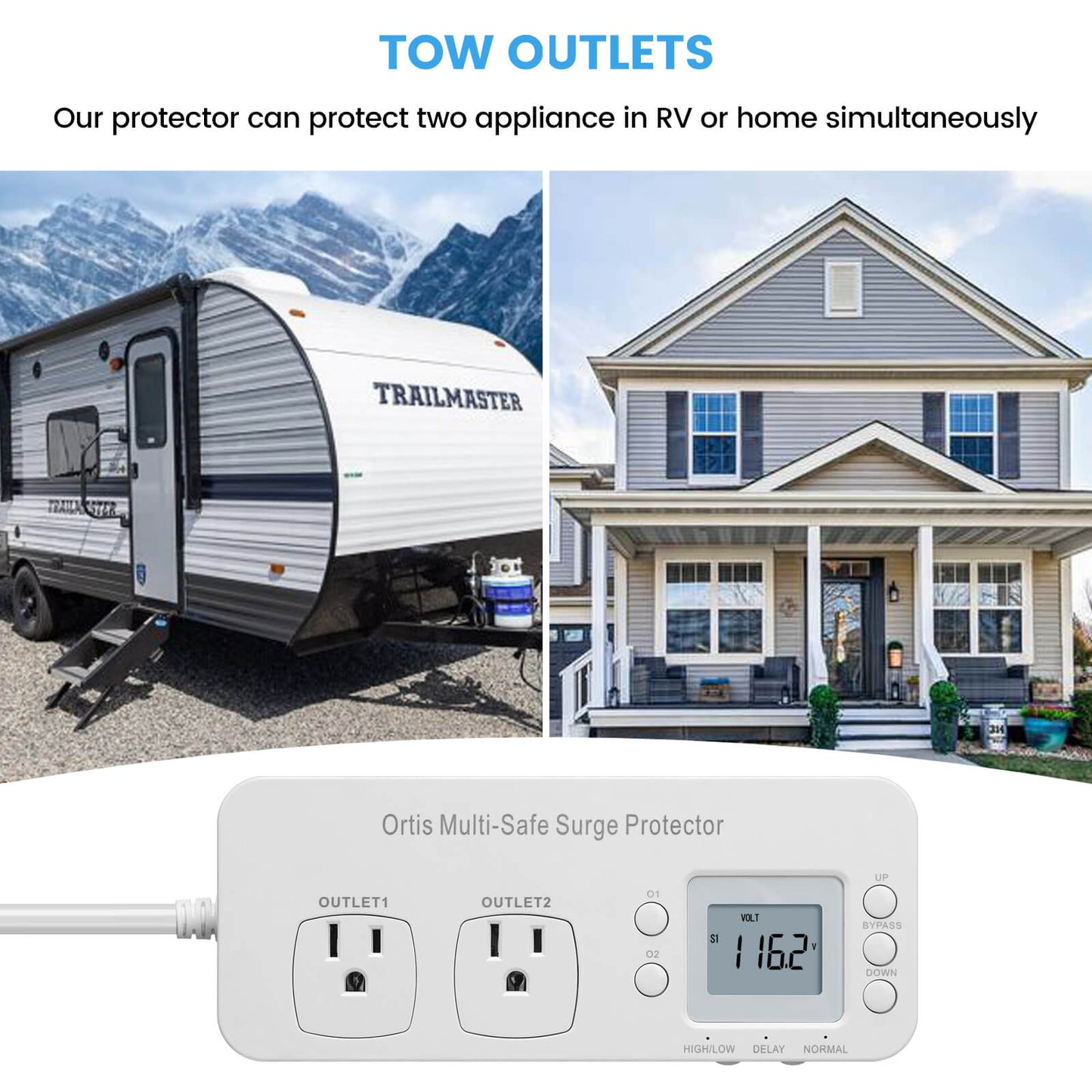 Ortis Double Outlet RV Surge Protector, Refrigerator Surge Protector, with Time Delay & Real-Time Electricity Usage Monitor, Protects All Voltage Abnormalities