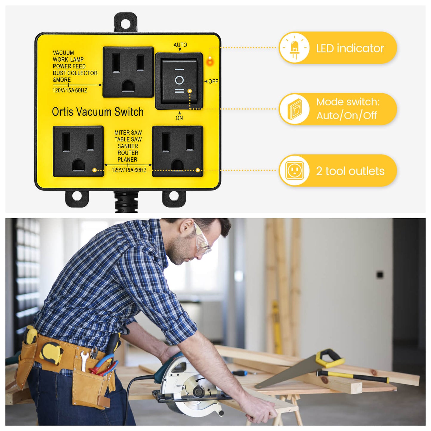 Ortis Vacuum Switch for More Power Tools, Delay Vacuum On/Off to Prevent Circuit Overload and Tripping, Yellow