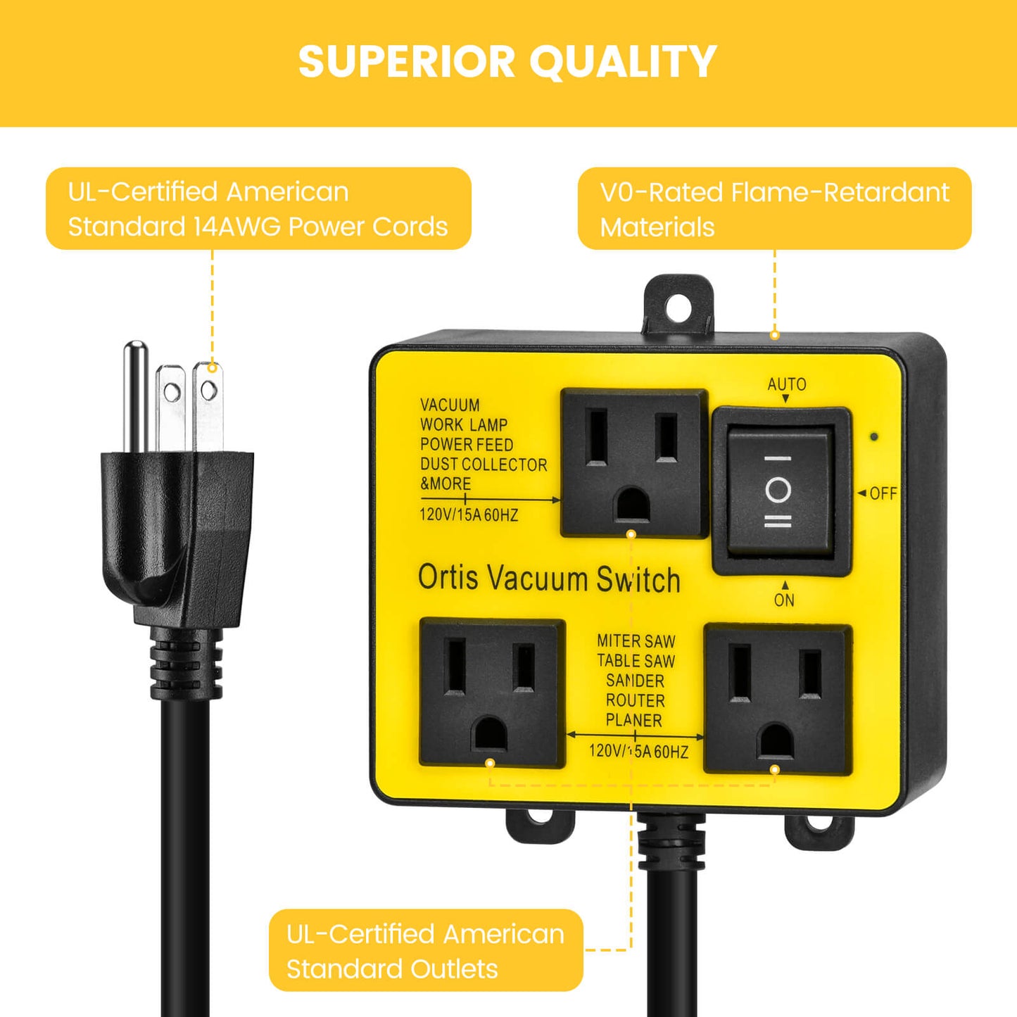 Ortis Vacuum Switch for More Power Tools, Delay Vacuum On/Off to Prevent Circuit Overload and Tripping, Yellow