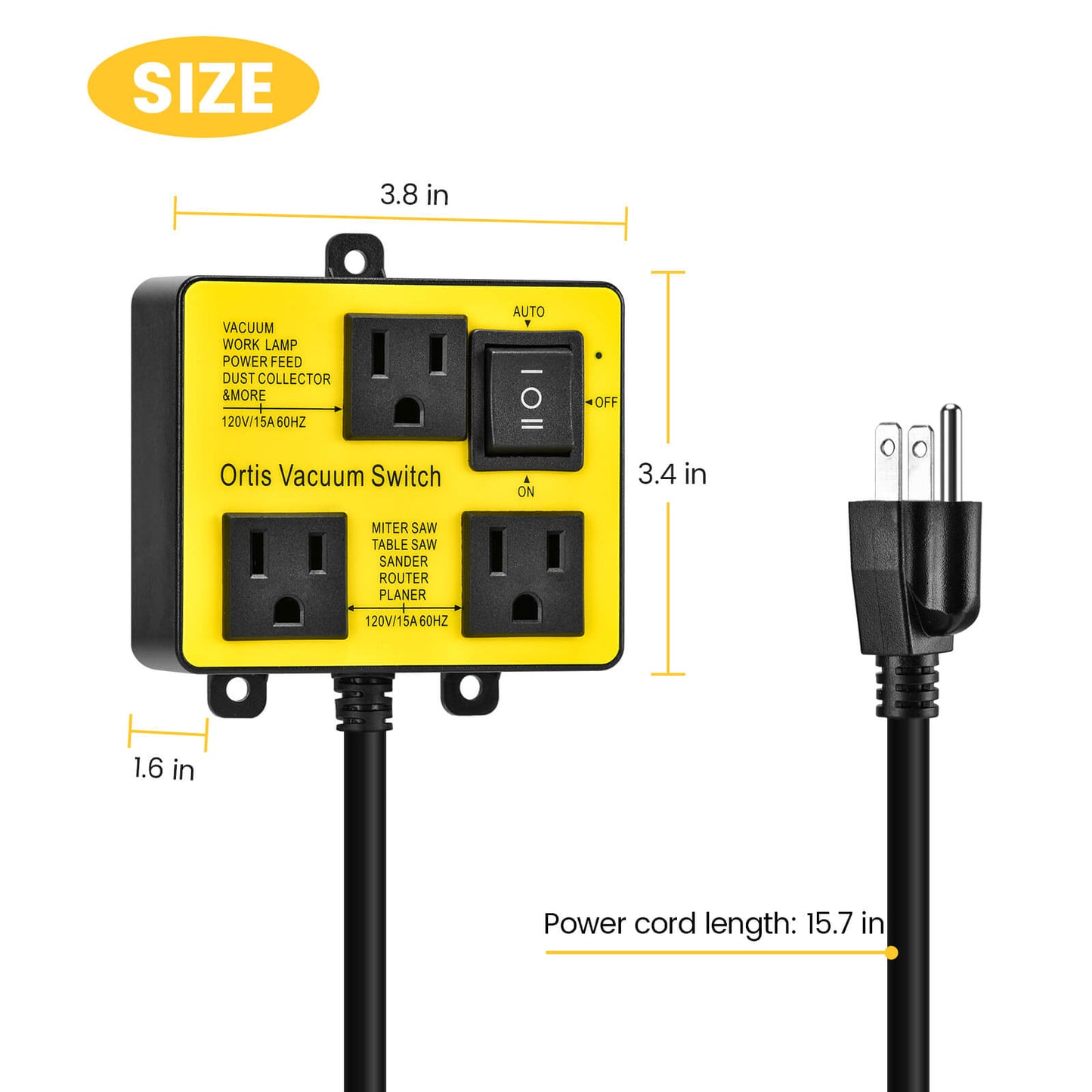 Ortis Vacuum Switch for More Power Tools, Delay Vacuum On/Off to Prevent Circuit Overload and Tripping, Yellow