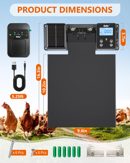 Ortis WiFi Automatic Chicken Coop Door Solar Powered, 0–180° Upward Opening Automatic Anti-Pinch Door, Supports App Remote Control, Equipped with Timer & Light Sensor, Features 5 Smart Modes, Black