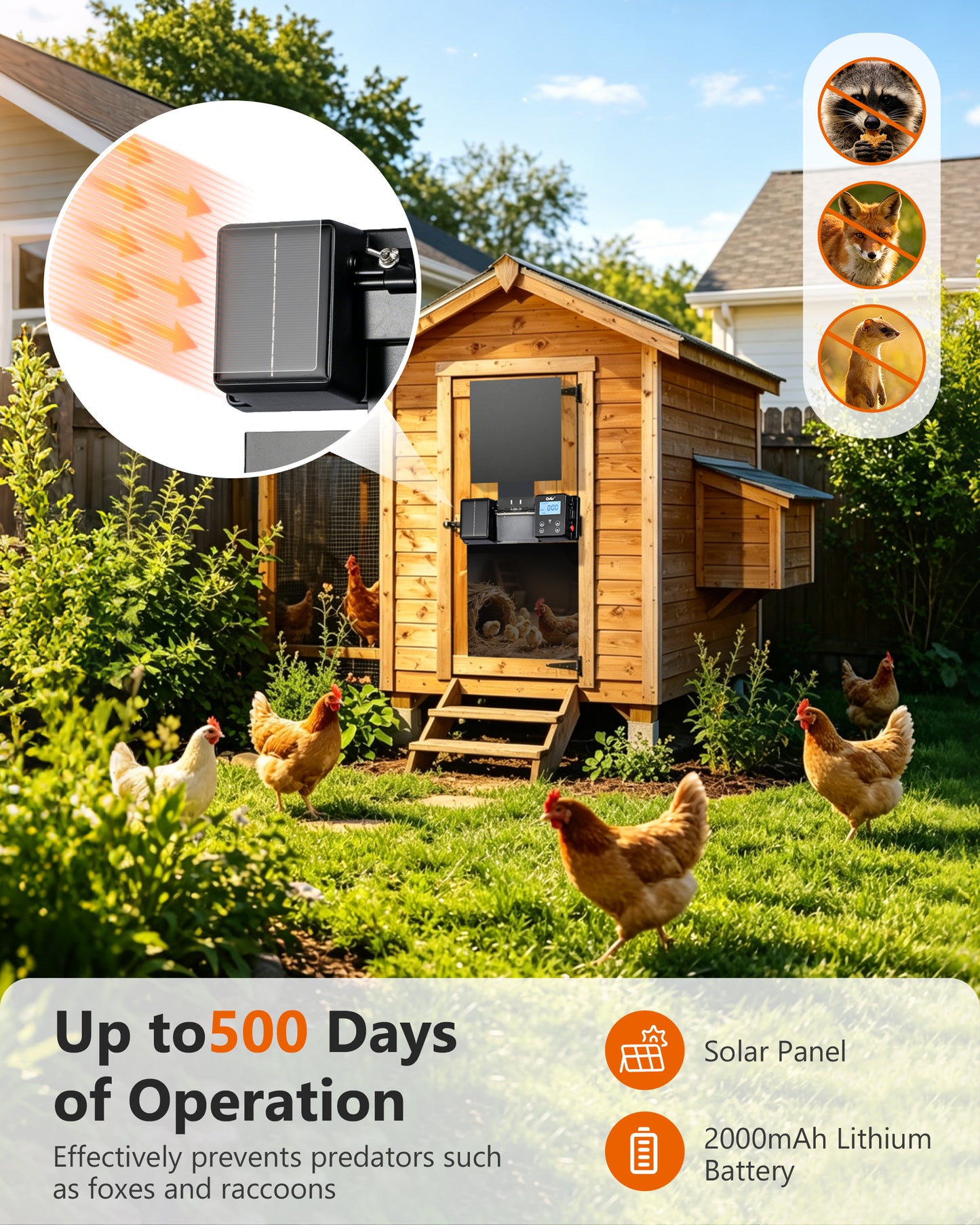 Ortis WiFi Automatic Chicken Coop Door Solar Powered, 0–180° Upward Opening Automatic Anti-Pinch Door, Supports App Remote Control, Equipped with Timer & Light Sensor, Features 5 Smart Modes, Black