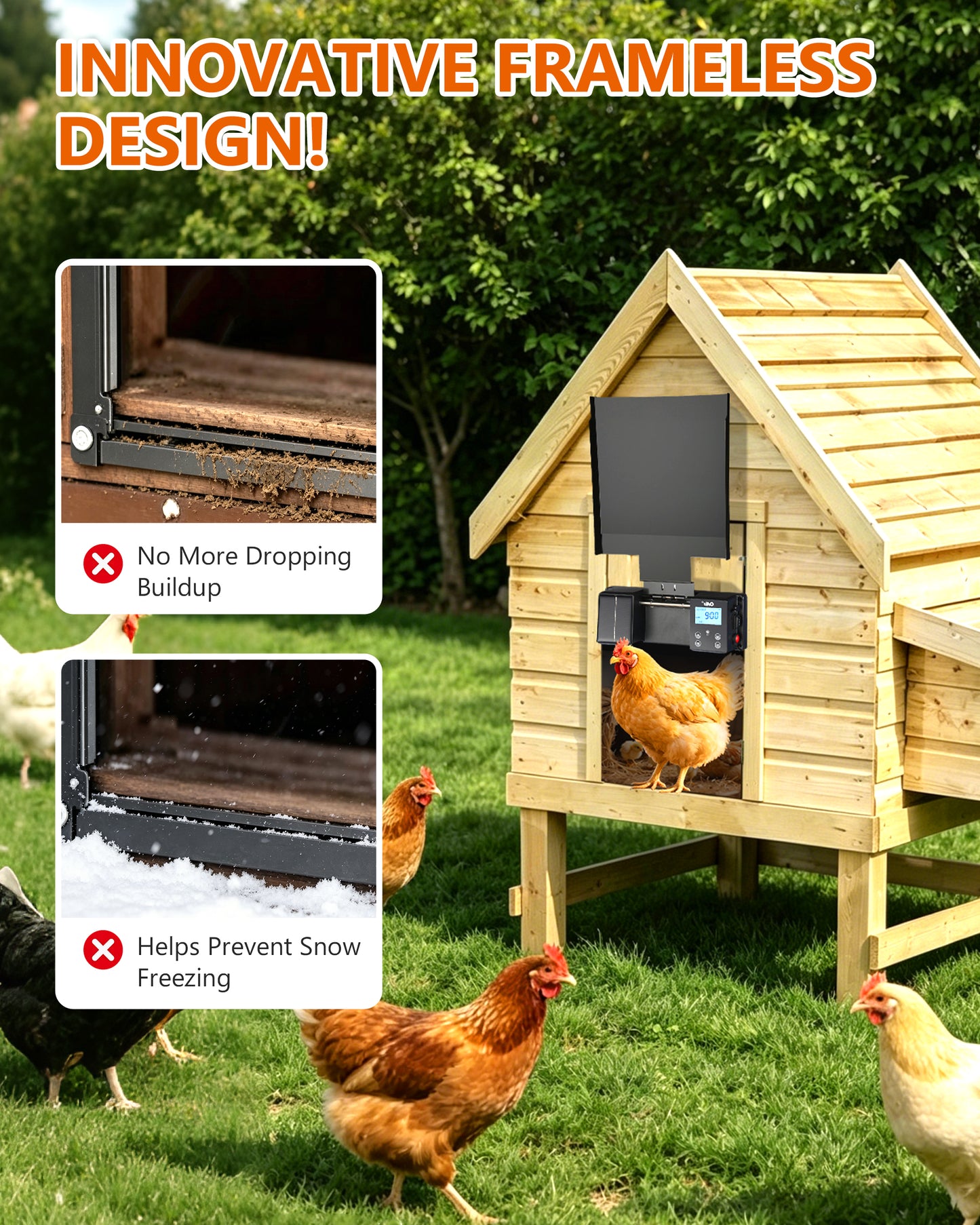 Ortis WiFi Automatic Chicken Coop Door Solar Powered, 0–180° Upward Opening Automatic Anti-Pinch Door, Supports App Remote Control, Equipped with Timer & Light Sensor, Features 5 Smart Modes, Black