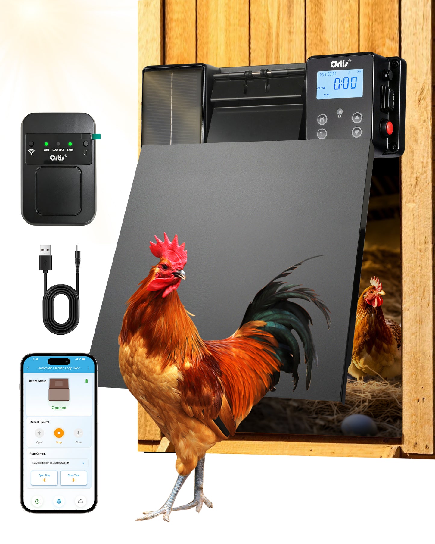 Ortis WiFi Automatic Chicken Coop Door Solar Powered, 0–180° Upward Opening Automatic Anti-Pinch Door, Supports App Remote Control, Equipped with Timer & Light Sensor, Features 5 Smart Modes, Black