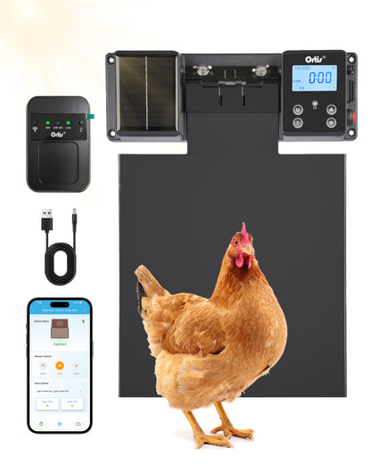 Ortis WiFi Automatic Chicken Coop Door Solar Powered, 0–180° Upward Opening Automatic Anti-Pinch Door, Supports App Remote Control, Equipped with Timer & Light Sensor, Features 5 Smart Modes, Black
