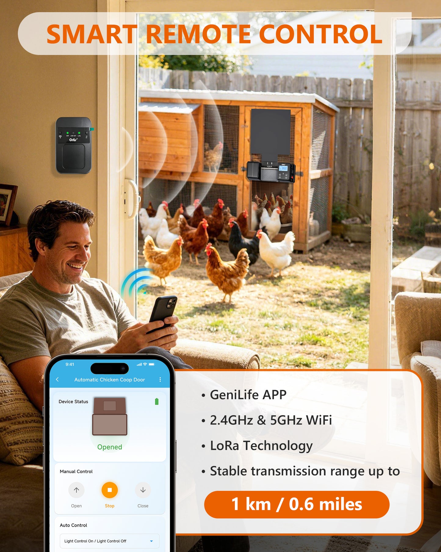 Ortis WiFi Automatic Chicken Coop Door Solar Powered, 0–180° Upward Opening Automatic Anti-Pinch Door, Supports App Remote Control, Equipped with Timer & Light Sensor, Features 5 Smart Modes, Black