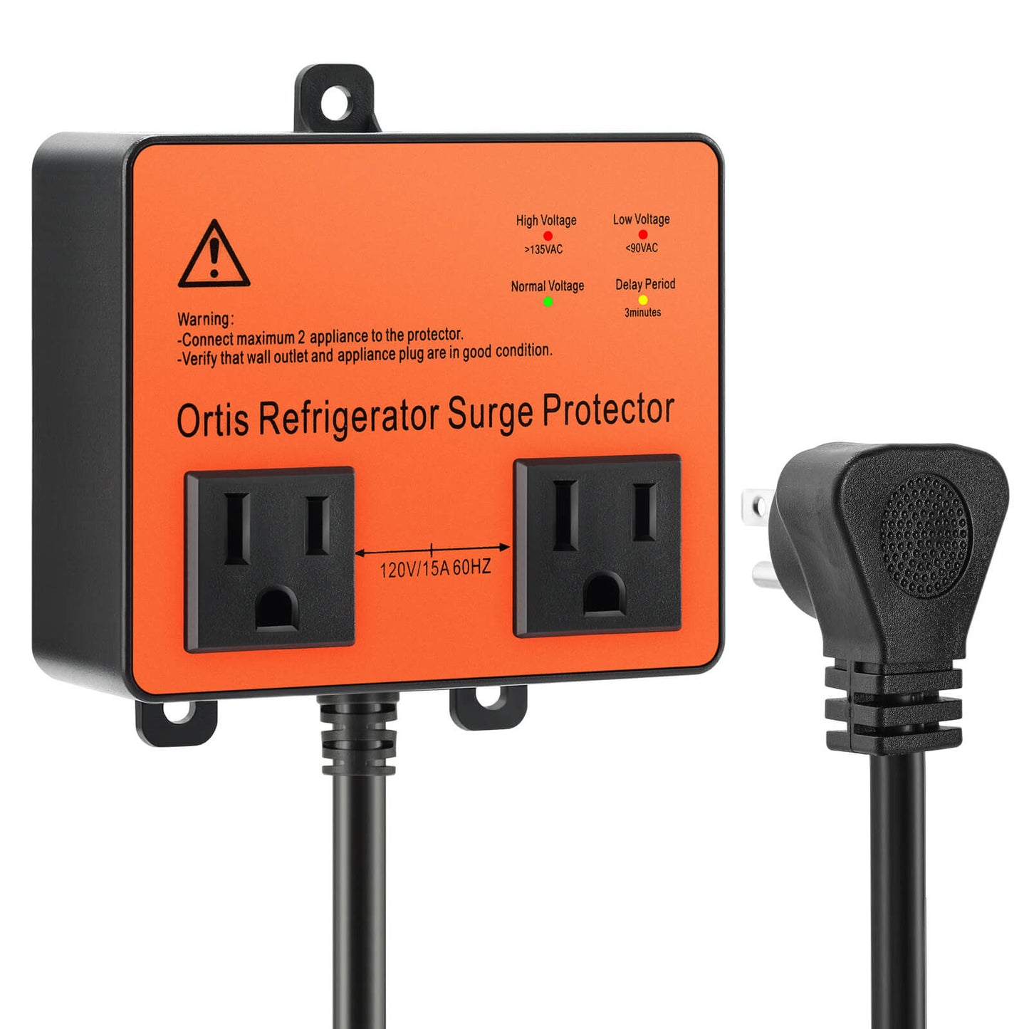 Refrigerator Surge Protector, Ortis Double Outlet Voltage Protector for Home Appliances with Time Delay, Protects Against Brownout, Spike, Instant Surge All Voltage Abnormalities
