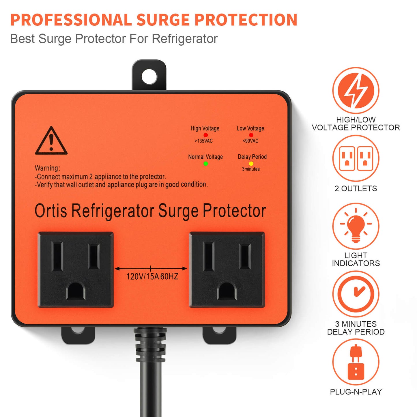 Refrigerator Surge Protector, Ortis Double Outlet Voltage Protector for Home Appliances with Time Delay, Protects Against Brownout, Spike, Instant Surge All Voltage Abnormalities