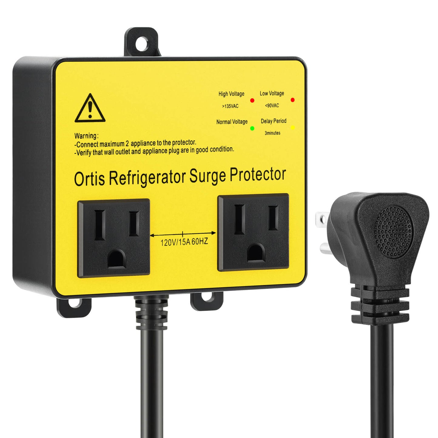 Refrigerator Surge Protector, Ortis Double Outlet Voltage Protector for Home Appliances with Time Delay, Protects Against Brownout, Spike, Instant Surge All Voltage Abnormalities