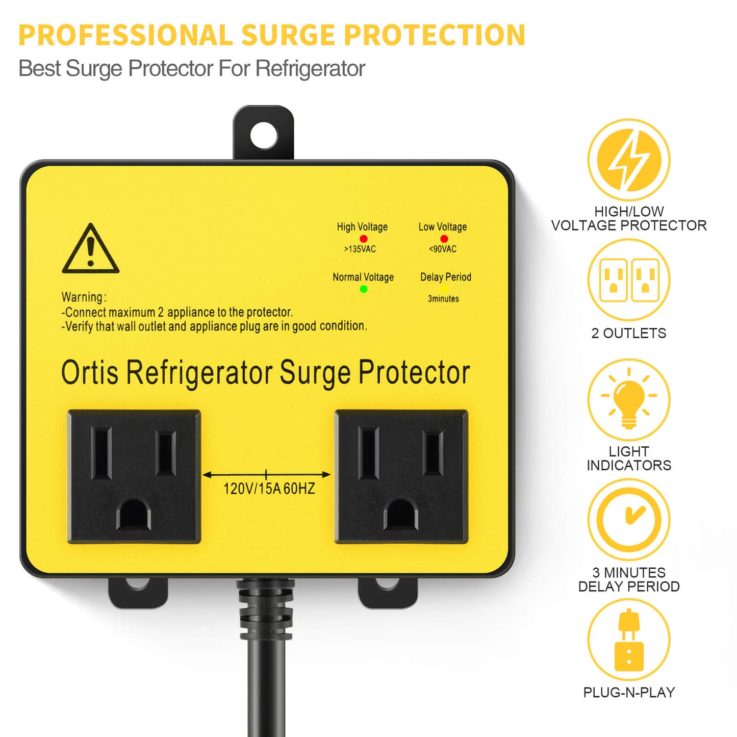Refrigerator Surge Protector, Ortis Double Outlet Voltage Protector for Home Appliances with Time Delay, Protects Against Brownout, Spike, Instant Surge All Voltage Abnormalities