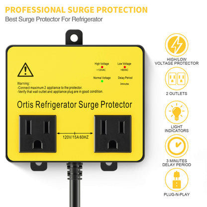 Refrigerator Surge Protector, Ortis Double Outlet Voltage Protector for Home Appliances with Time Delay, Protects Against Brownout, Spike, Instant Surge All Voltage Abnormalities