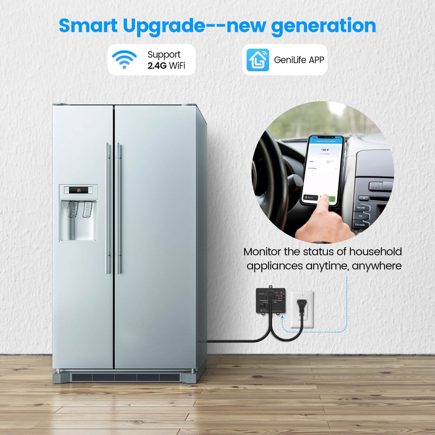 Wi-Fi Smart Power Failure Alarm with Surge Protector, Remotely Monitor and Control Your Refrigerator Via App, Ensuring The Safety of Refrigerator and Food Stored Inside