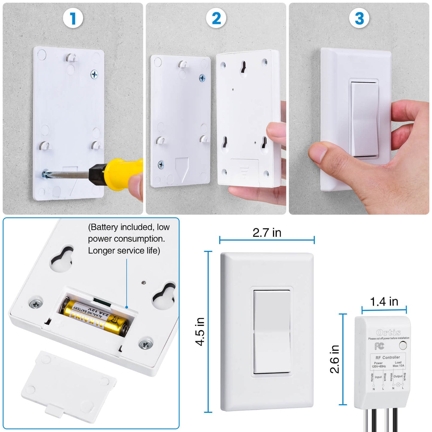 Wireless Light Switch and Receiver Kit, Ortis 300ft RF Range Wireless Wall Switches for Lights